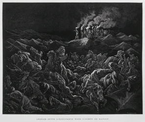Gedeón ataca a los madianitas por la noche, Ilustración de la Biblia de Dore