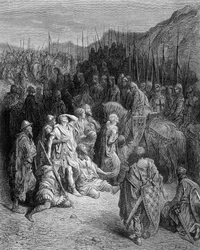 Godofredo encontrando los restos del ejército de Pedro - grabado por Gustave Doré