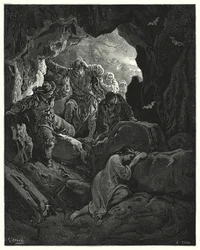 Don Quijote de Gustave Doré: "Un grupo con oficiales es enviado... quienes encuentran a la pobre Leandra en una cueva de una de las montañas"