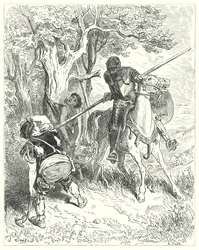 Don Quijote de Gustave Doré: "Por el sol que brilla, tengo ganas de atravesarte el cuerpo con mi lanza" (grabado)