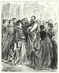 Don Quijote de Gustave Doré: "La esposa de Don Antonio había invitado a varios de sus amigos a un baile, para honrar a su invitado" (grabado)