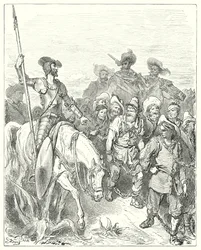 Don Quijote de Gustave Doré: "Don Quijote preguntó al primero por qué crímenes estaba en esas miserables circunstancias" (grabado)