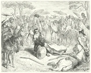 Don Quijote de Gustave Doré: "A pesar de sus armas, lo golpeó como a una gavilla de trigo" (grabado)