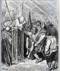 Cómo deshacerse de Don Quijote. La gente del hotel decidió encerrarlo haciéndole creer en un nuevo encantamiento y una nueva prueba caballeresca - de “Don Quijote de la Mancha” por Miguel de Cervantes (1547-1616) - Grabado en madera después de un dibujo de