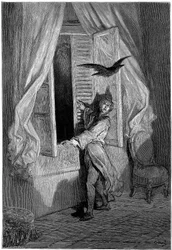 Ilustración de Gustave Dore (1832-1883) para el cuento "El cuervo" de Edgar Allan Poe. Esta serie fue terminada por Dore en 1883, el año de su muerte, y es por tanto una de sus obras más recientes.