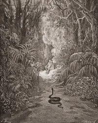 Ilustración de Gustave Dore 1832-1883 Artista e ilustrador francés para El paraíso perdido de John Milton Libro IX líneas 434 y 435