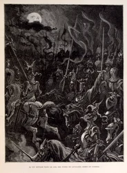 Ilustración de Caballeros en batalla durante un atardecer iluminado por la luna.