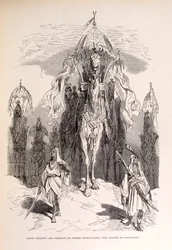 Ilustración de un tren de camellos orientales con sirvientes y carruaje.