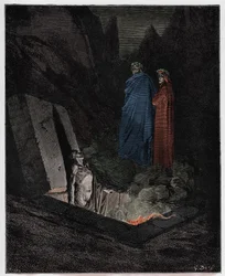 Infierno, canto 10: Farinata degli Uberti se dirige a Dante, ilustración de «La Divina Comedia» de Dante Alighieri, 1885
