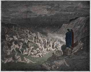 Infierno, Canto 14 : Los violentos, atormentados bajo la lluvia de fuego, ilustración de 
