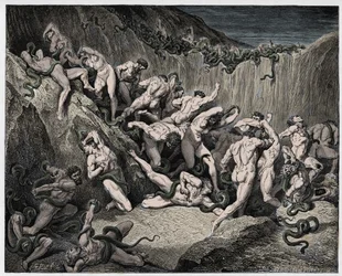 Infierno, canto 24: Los ladrones atormentados por serpientes, ilustración de «La Divina Comedia» de Dante Alighieri, 1885