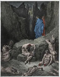 Infierno, canto 29: Virgilio reprende la curiosidad de Dante, ilustración de «La Divina Comedia» de Dante Alighieri, 1885