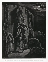 Los jabes galaaditas recuperan los cuerpos de Saúl y sus hijos, ilustración de la Biblia de Dore