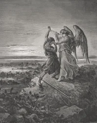 Jacob luchando con el ángel, Génesis 32:24-32, ilustración de «La Santa Biblia» de Doré, grabada por Laplante, 1866