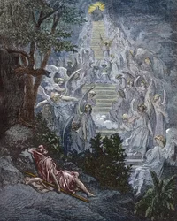 El sueño de Jacob - La escalera de Jacob - grabado en «La Biblia ilustrada» de Gustave Doré (1832-1883) - grabado de «La Biblia Doré»