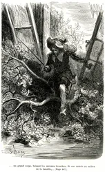 Jacquemin Lampourde, con el arma en la mano, llegó a un punto de la batalla. Grabado de Gustave Dore que ilustra la novela picaresca de capa y espada de Theophile Gautier "Le capitaine Fracasse", edición Charpentier 1863.