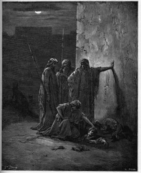 Los compañeros de Jehú encuentran los restos de Jezabel - grabado en madera para la Biblia por Gustave Doré - Los compañeros de Jehú encuentran la cabeza y extremidades de Jezabel - grabado en “La Biblia ilustrada” por Gustave Doré (1832-1883) - Grabado de