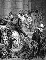 Jesucristo expulsa a los mercaderes del Templo. Ilustración de Gustave Doré.