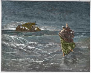 Jesús caminando sobre las aguas del Lago Tiberíades - Jesús caminando sobre el mar (agua) - grabado en “The Bible illustree” por Gustave Dore (1832-1883) - Grabado de “The Dore Bible”