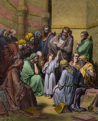 Jesús con los doctores en el templo - Jesús en el templo entre los doctores - grabado por Gustave Doré (1832-1883) - coloreado posteriormente
