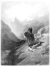 El Rey Arturo descubre los esqueletos de los hermanos, ilustración de "Idilios del Rey" de Alfred Tennyson (litografía)