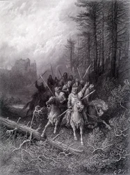 El rey Arturo en el bosque de Broceliande (Ciclo de los Caballeros de la Mesa Redonda) - en "Viviane" de Alfred Tennyson, ilustración de G. Doré