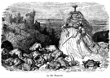 La fee Rageuse y su manada de sapos: grabado de Gustave Dore para ilustrar el cuento Pooh, de la condesa de Segur, de los Nuevos cuentos de Fees, Hachette 1896 -