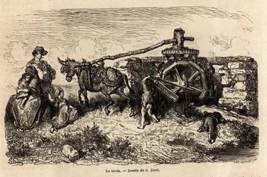 La noria, una máquina hidráulica para elevar niveles de agua usando la energía producida por la corriente, dibujo de Gustave Doré (1832-1883), para ilustrar su viaje a España, con C. Davillier, en 1862. Grabado en “Le tour du monde”, editado por Edouard Ch