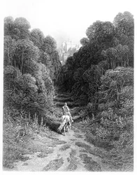 Lancelot se acerca al castillo de Astolat, ilustración de «Idylls of the King» de Alfred Tennyson