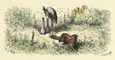 El zorro y la cigüeña (grabado de 1861-1868)