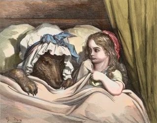 Caperucita Roja y el lobo no quieren a la abuela. Ilustración de «Los cuentos» de Charles Perrault (1628-1703) por Gustave Doré (1832-1883), 1867 - Caperucita Roja - Gustave Doré (1832-1883), grabado