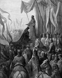 Luis VII (1120 - 1180) arrodillado ante San Bernardo de Claraval (San Bernardo di Chiaravalle) en Vezelay. Grabado de Gustave Doré. Siglo XIX