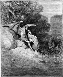 Lucifer (Satanás, ángel caído, caído del cielo a la Tierra), representado mientras corrompe a Adán y Eva. Ilustración de Gustave Doré para «El paraíso perdido», de John Milton (1608-1674). Grabado de 1866. Colección privada