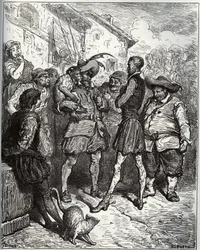 Maese Pedro y el mono adivino - de “Don Quijote de la Mancha” por Miguel Cervantes (1547-1616) - xilografía según dibujo de Gustave Doré