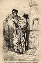 Hombre y mujer del pueblo en la fuente, en Carmona, pueblo cerca de Sevilla. Boceto tomado en vivo por Gustave Dore (1832-1883). Grabado para ilustrar el viaje en España, en 1862 por Charles Davillier y Gustave Dore, en “Le tour du monde, nouveau