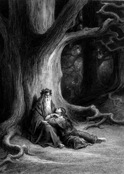 Merlín y Viviana en el bosque de Brocéliande (Ciclo de los caballeros de la Mesa Redonda) - en «Viviana» de Alfred Tennyson, ilustración de G. Doré