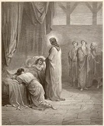 Milagro: Jesucristo curó a la hija de Jairo. Grabado de la Biblia ilustrada por Gustave Doré (1832-1883)