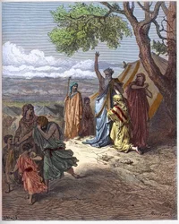 Noé expulsa a Ham - Noé maldice a Ham - La maldición de Cham - El patriarca Noé maldice a su nieto Canaán por un error cometido por su padre Cham en el monte Ararat - grabado en «The Bible Illustrée» de Gustave Doré (1832-1883) - grabado de «The Dor»