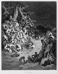 Noé y su arca escapan mientras el gran diluvio envuelve la tierra, Ilustración de la Biblia de Dore