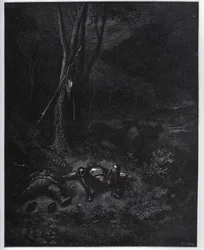 Uno de los fugitivos, Ginés de Pasamonte, roba el burro de Sancho Panza durante el sueño de los dos viajeros - de 