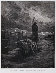 Indignación en Gabaa, el levita se lleva a su concubina muerta, Ilustración de la Biblia de Dore.