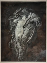 Paolo y Francesca da Rimini en el infierno, antes de 1861 (aguada de tinta china y temple blanco sobre papel tintado marrón)