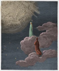 Paraíso, Canto 14: Dante y Beatriz trasladados a la esfera de Marte, ilustración de "La Divina Comedia" de Dante Alighieri, 1885