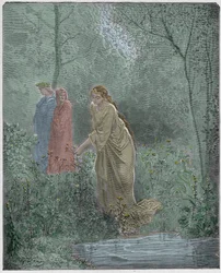 Purgatorio, Canto 27: El sueño de Dante con Leah en el prado, ilustración de "La Divina Comedia" por Dante Alighieri, 1885