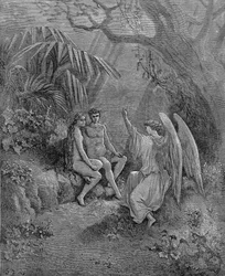 Rafael habla con Adán y Eva. Ilustración para El Paraíso Perdido de John Milton, 1866
