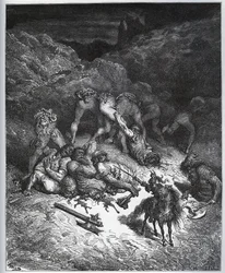 Relato de las hazañas de Félix-Mars de Hircania - de “Don Quijote de la Mancha” de Miguel Cervantes (1547-1616) - xilografía después del dibujo de Gustave Doré