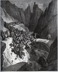 Relato de las hazañas del caballero Diego García de Paredes - de “Don Quijote de la Mancha” por Miguel Cervantes (1547-1616) - xilografía según dibujo de Gustave Doré