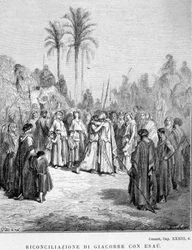 Reconciliación de Jacob y Esaú. Génesis, XXXIII, 4. Ilustración de Gustave Doré