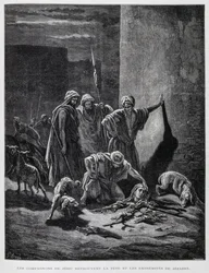 Restos de la reina Jezabel tras ser arrojada por las ventanas del palacio, Ilustración de la Biblia de Dore.
