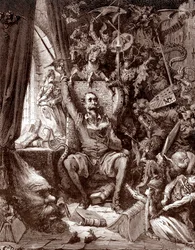 Representación de Don Quijote en su biblioteca, rodeado de las criaturas de sus libros. Grabado de Gustave Doré (1832-1883) para «El ingenioso hidalgo Don Quijote de la Mancha (Quixote - Quijote)» de Miguel de Cervantes (1547-1616), 1863, colección privada